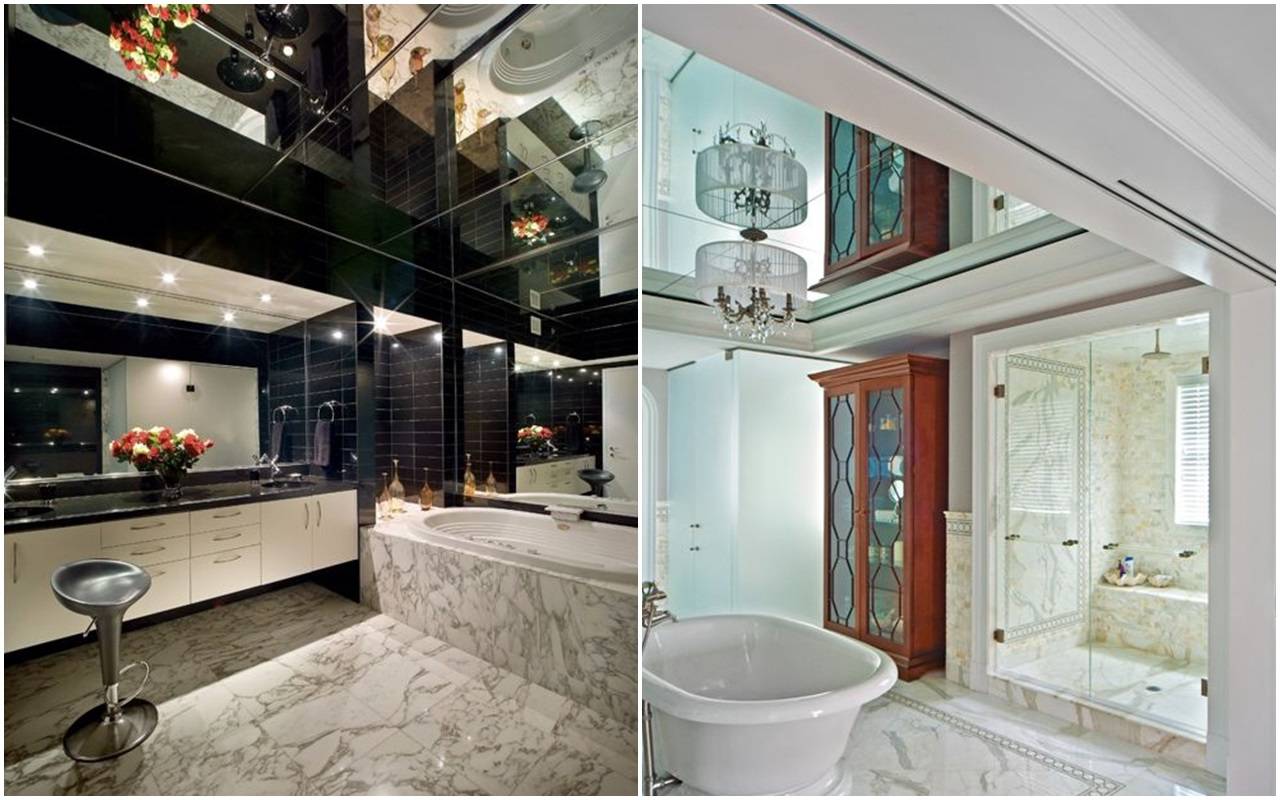 Стилевое решение в дизайне ванной комнаты - зеркальный потолок