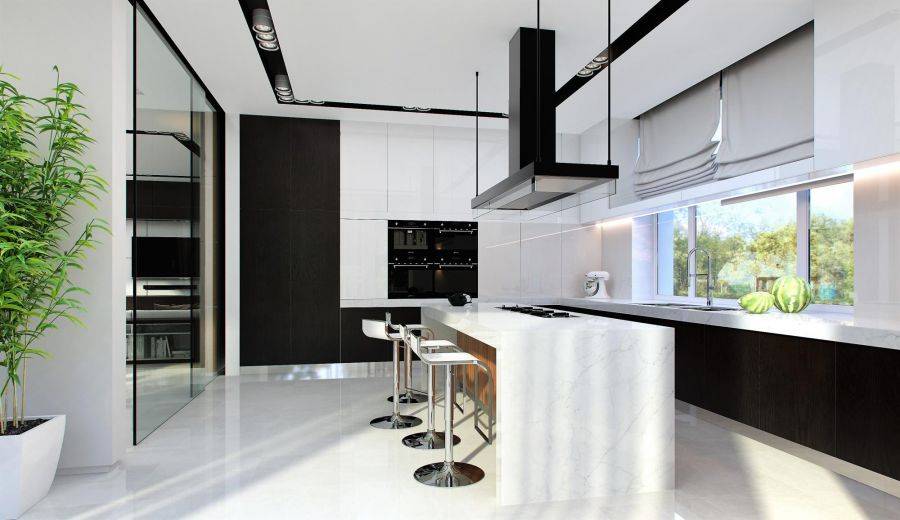 Кухня-гостиная в стиле «хай-тек» (30 фото): дизайн комнаты в стиле «хай-тек» в интерьере