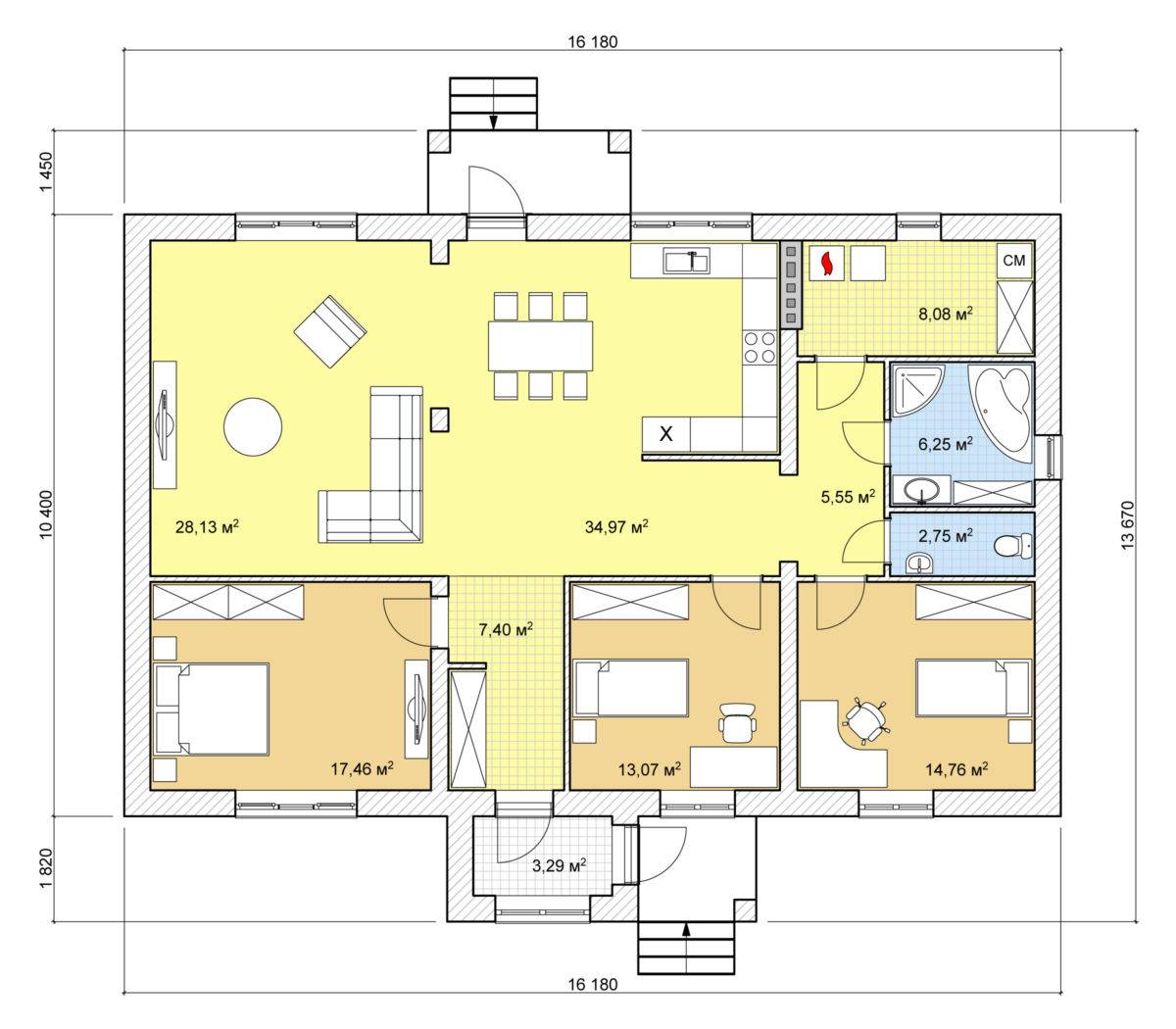 Проект одноэтажного дома с тремя спальнями: лучшие варианты для большой семьи с детьми