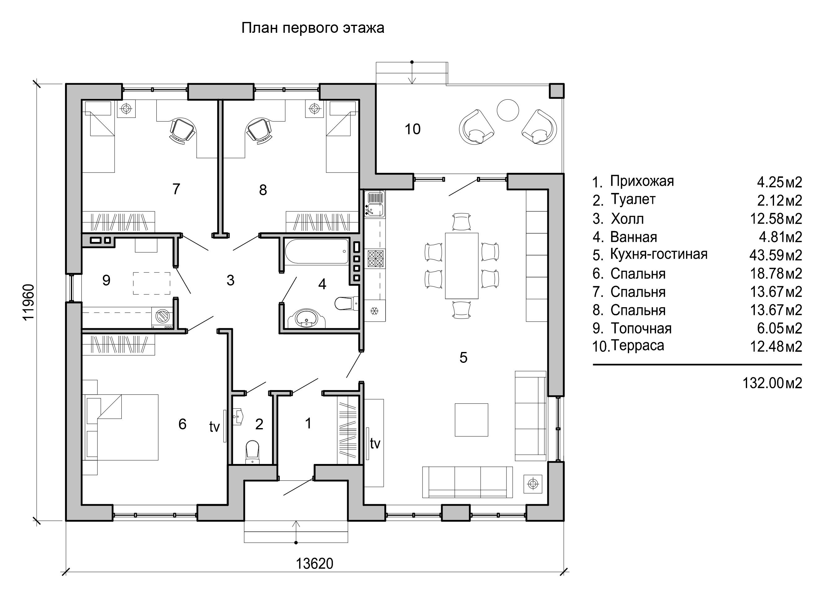 Планировка одноэтажного дома с 3 спальнями 120кв