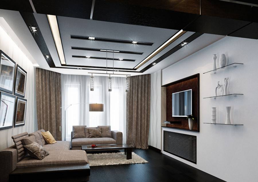 Потолки из гипсокартона для зала (84 фото): варианты подсветки в подвесных потолках в гостиной, идеи дизайна, примеры красивых фигурных потолков