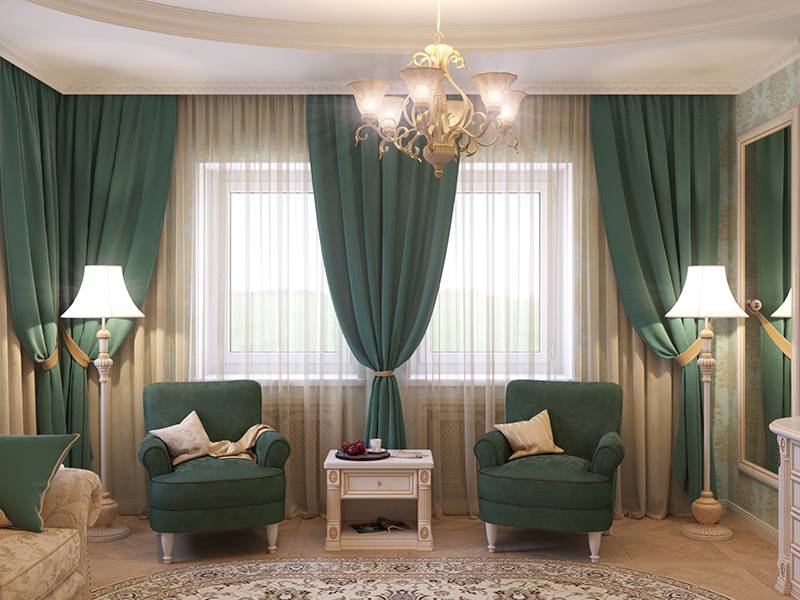 Бархатные шторы в интерьере гостиной для светлых стен фото зеленоватых оттенков