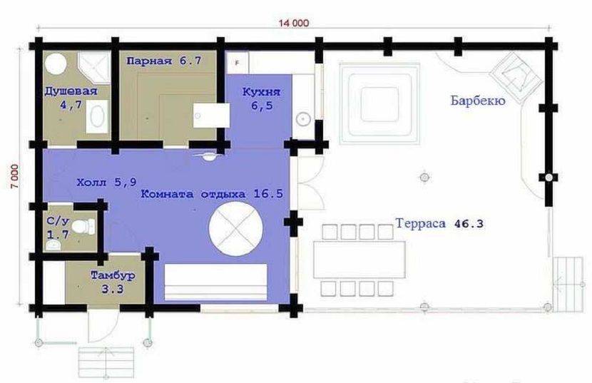 Проекты бань с террасой и купелью