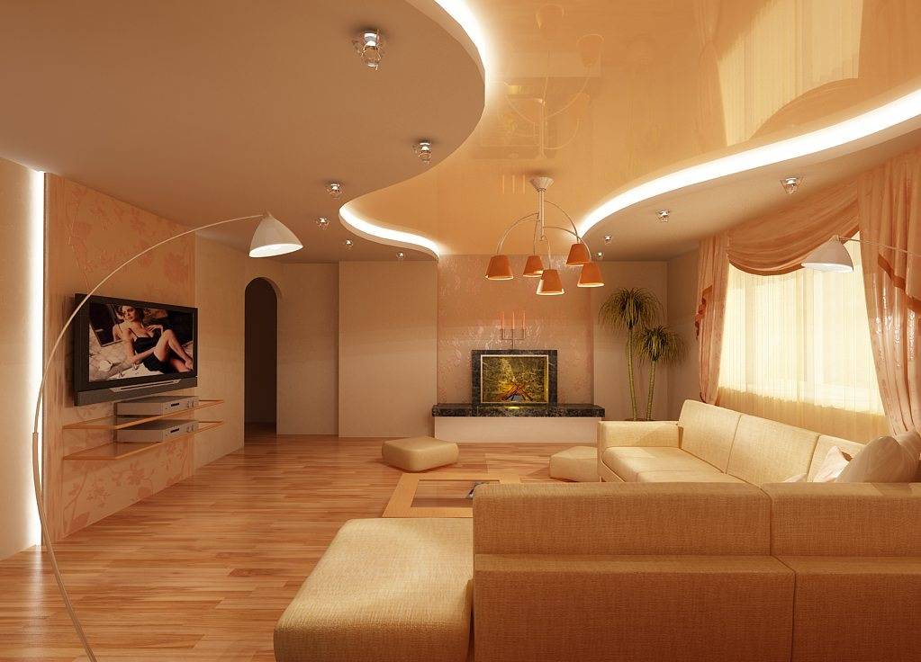 Натяжной потолок в зале - современный дизайн с лучшими примерами