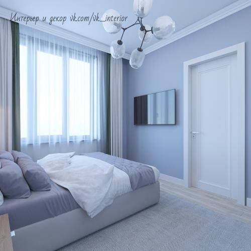 Голубые обои в спальне (29 фото): дизайн интерьера в голубых тонах, шторы и потолок