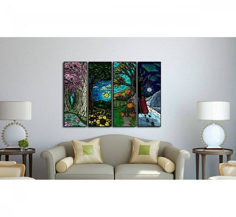 Картины в интерьере гостиной в современном стиле: в рамке на стене, над диваном, три картины в одном стиле  - 35 фото