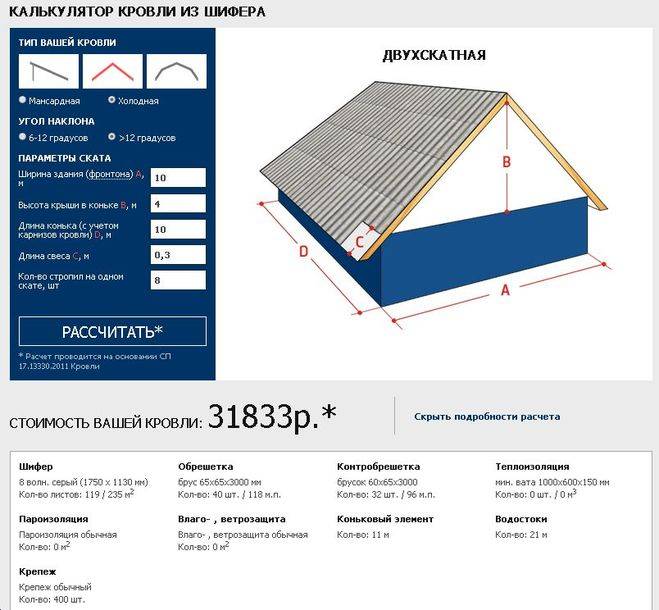 Калькулятор расчёта толщины утепления ската кровли