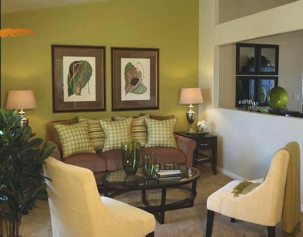 Оливковый цвет в интерьере гостиной, оливковые стены или фон, яркий декор, сочетание зеленого с другими оттенками в спальне