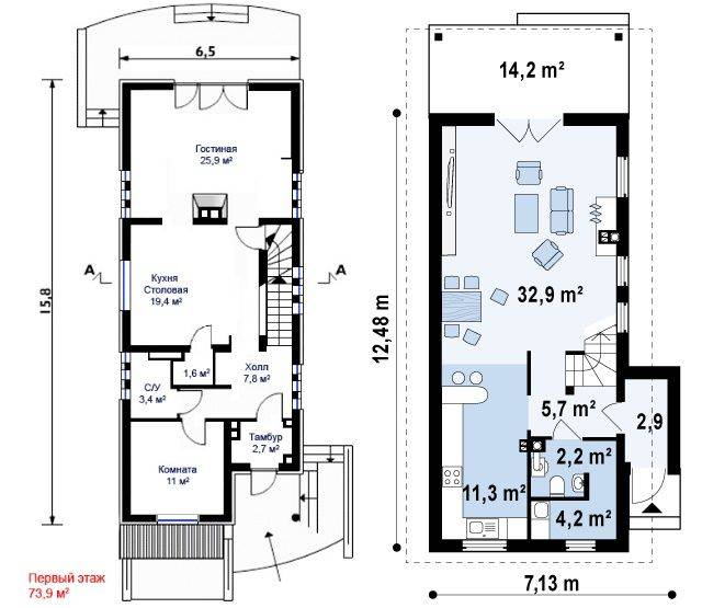 Удачные планировки узкого дома с мансардой на загородном участке: фото, проекты длинных одноэтажных и двухэтажных коттеджей
