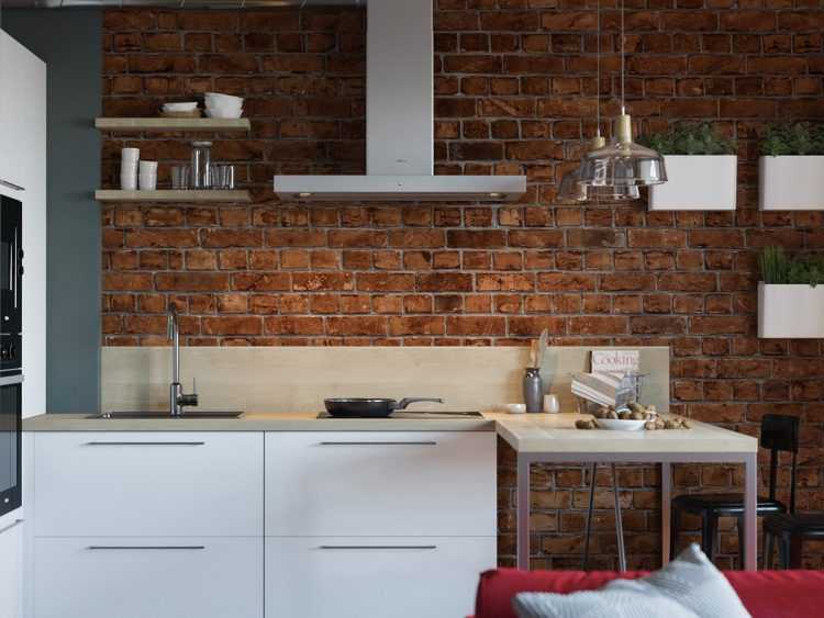 Кирпичная кухня — современные идеи оформления дизайна с кирпичной стеной (95 фото)