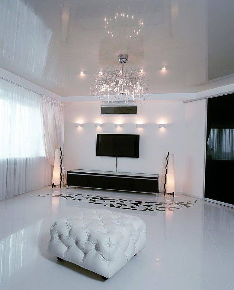Белый глянцевый натяжной потолок (33 фото) потолочные конструкции с лампочками в интерьере