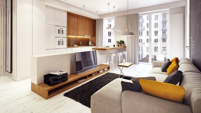 Дизайн квартиры-студии 50 кв. м (46 фото): планировка кухни и гостиной в квартире 37, 45-46 и 60 кв. м, варианты интерьера