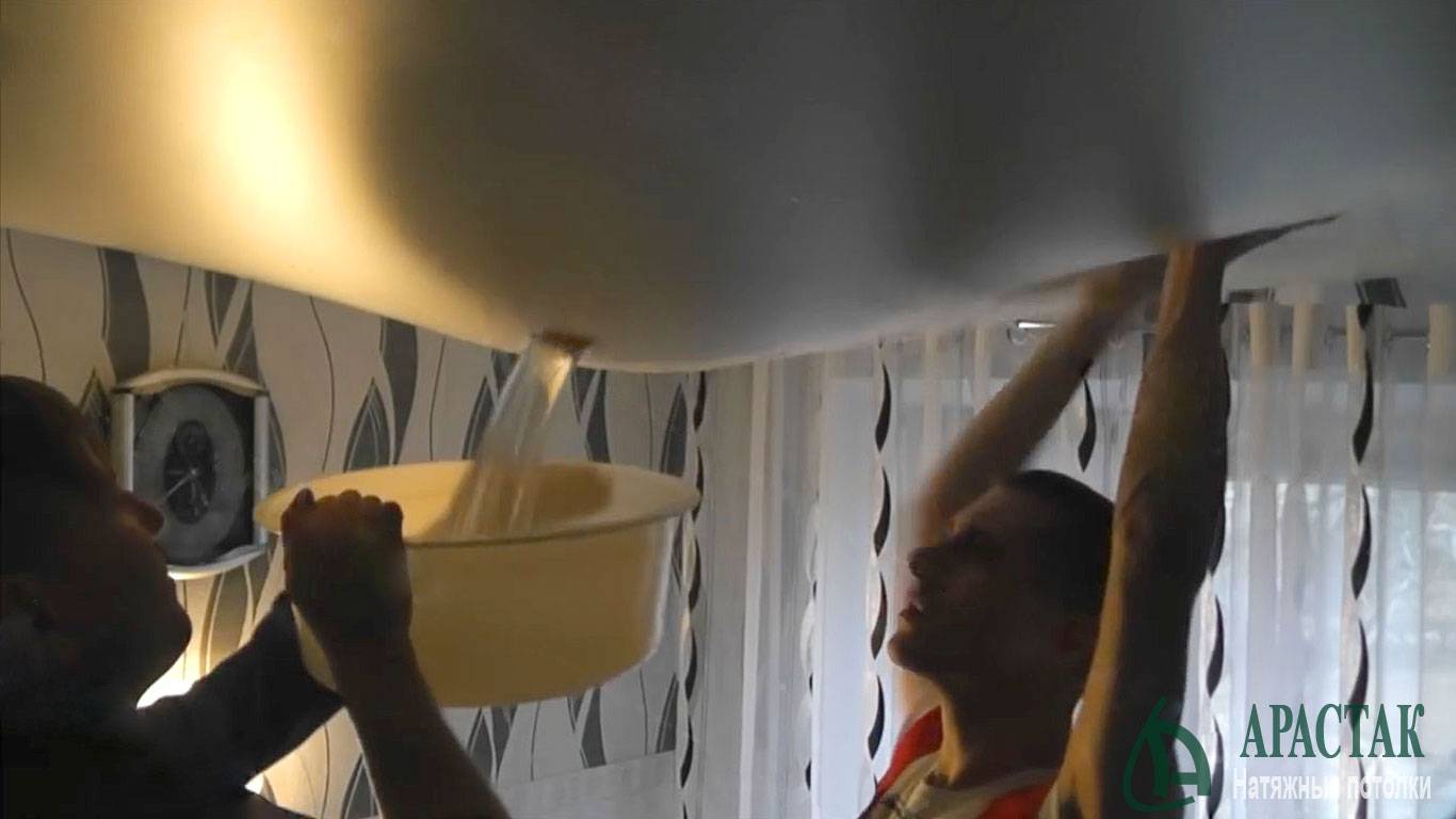 Как слить воду с натяжного потолка самостоятельно через светильник или люстру - видео