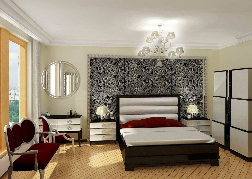 Интерьер современной спальни с обоями двух видов