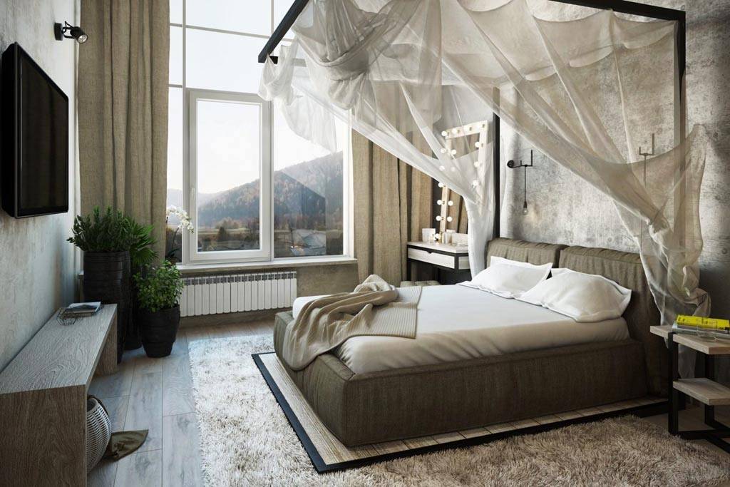 Вариант дизайна спальной комнаты с кроватью у окна