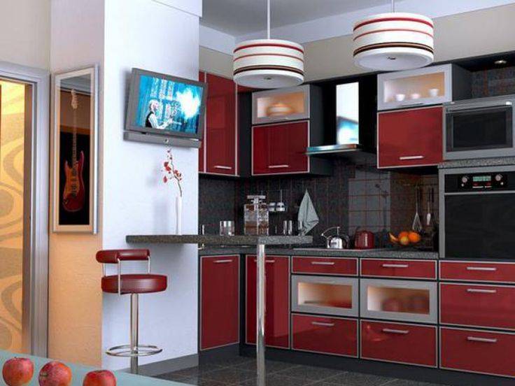 Проект дизайна интерьера кухни с вентиляционным коробом: в углу, 9 кв м, фото