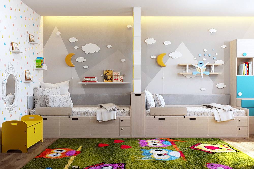 Детская комната для троих разнополых детей: дизайн для мальчишек и девочек
 - 26 фото