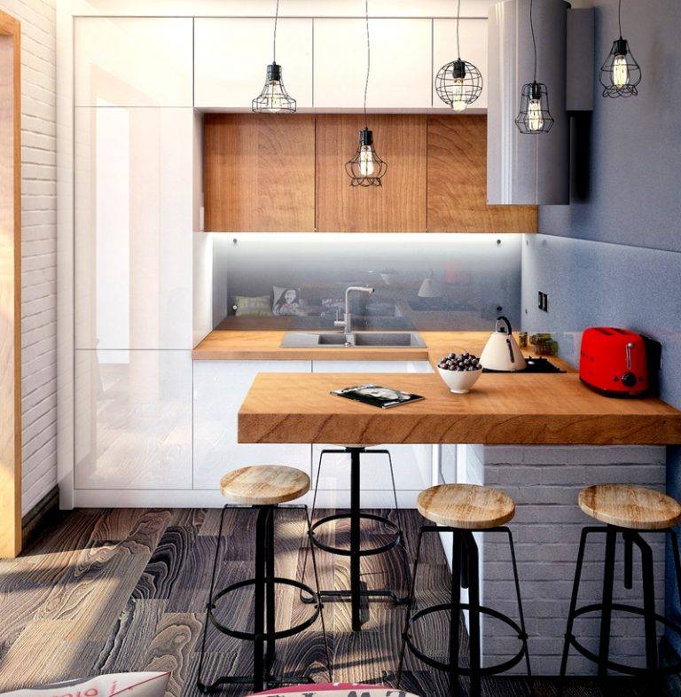 Маленькая белая кухня в стиле лофт: дизайн интерьера, обеденная зона, фартук и холодильник
 - 45 фото