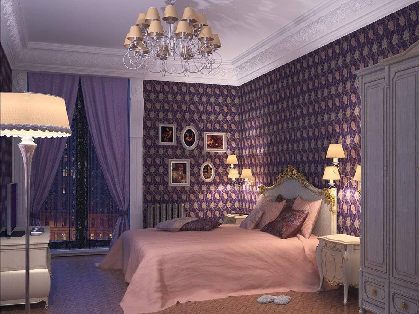 Фиолетовые обои для стен в интерьере, зал, спальня, фото