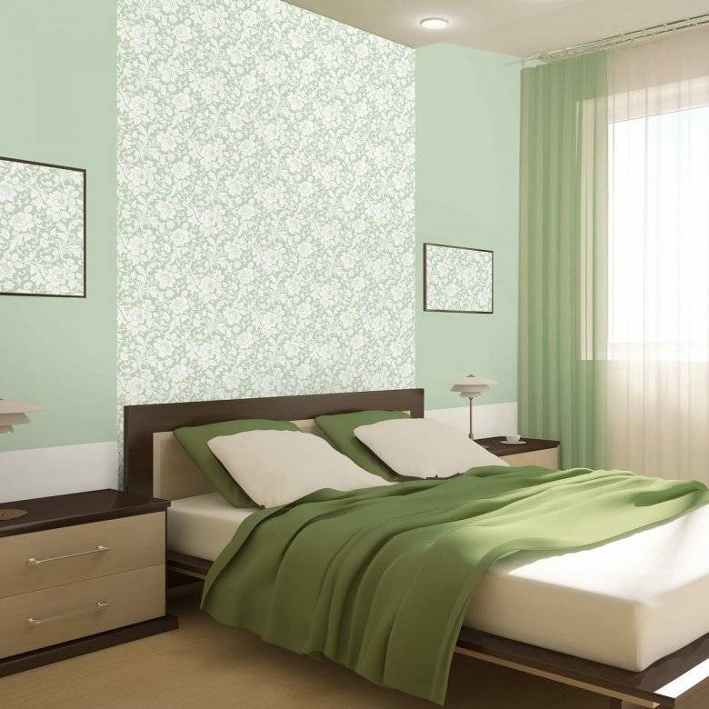 Интерьер современной спальни с обоями двух видов