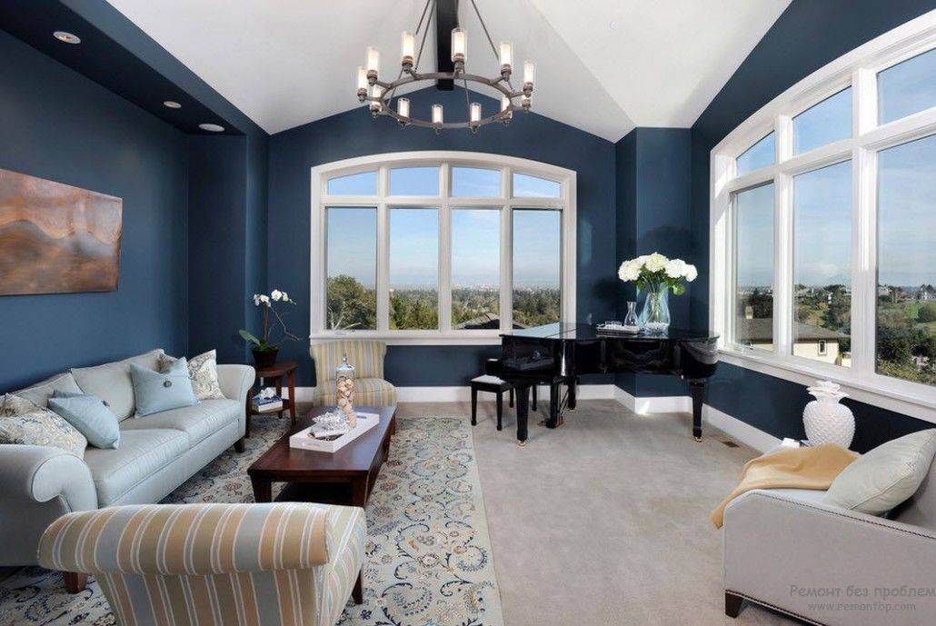 Голубая гостиная — гармоничные сочетания нежных голубых оттенков с обоями, шторами и мебелью (117 фото)