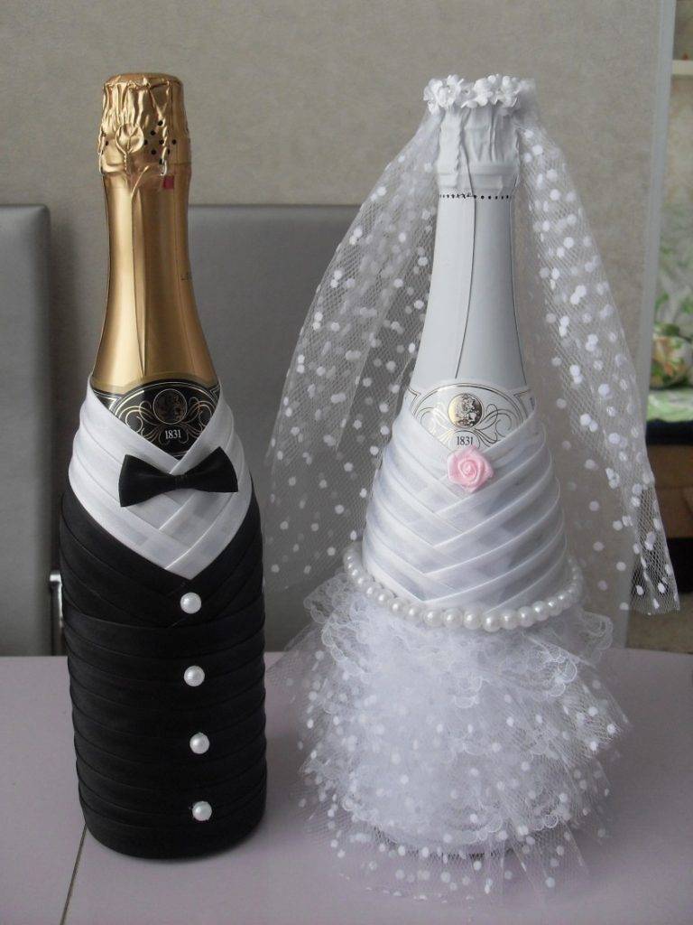 Декор свадебных бутылок шампанского своими руками +50 фото