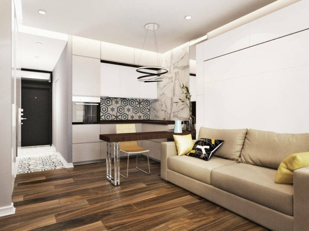 Дизайн кухни гостиной 17 кв. м с зонированием (50 фото)