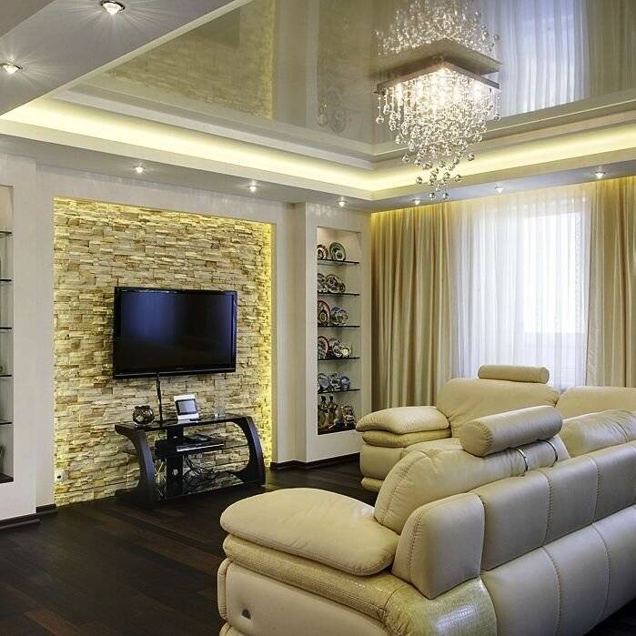 Потолок в гостиной: виды конструкций, оформление, варианты дизайна, фото, подсветка