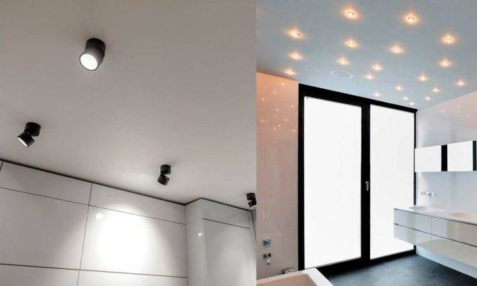 Варианты расположения люстры и точечных светильников на натяжном потолке