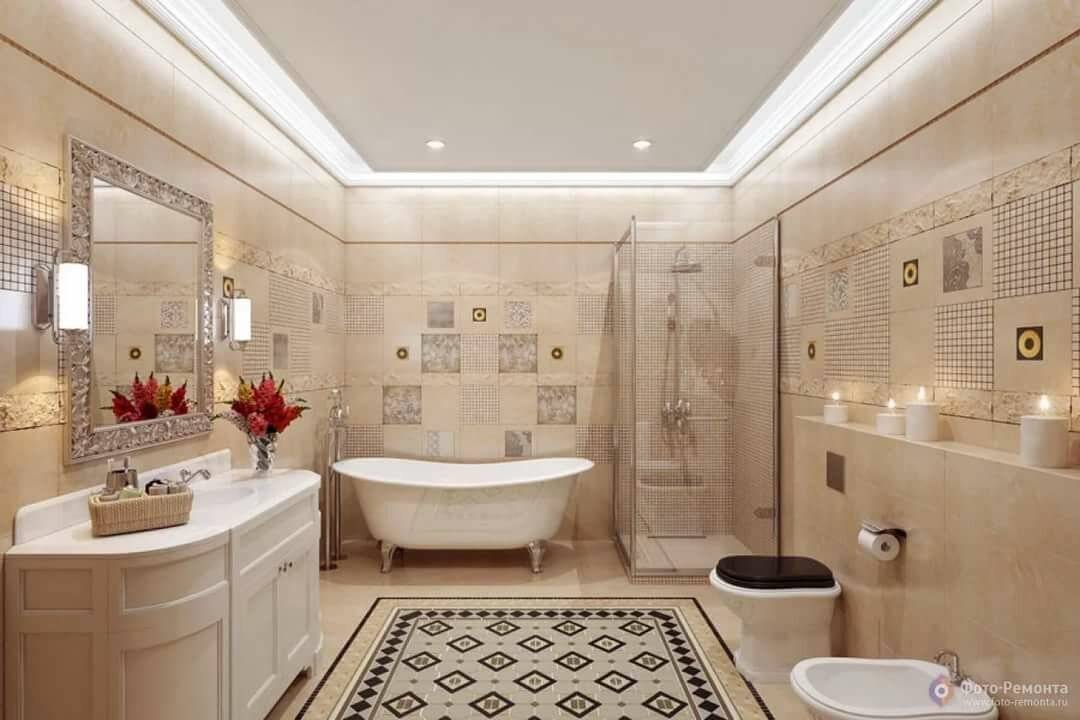 Ванная комната с бежевой плиткой дизайн фото