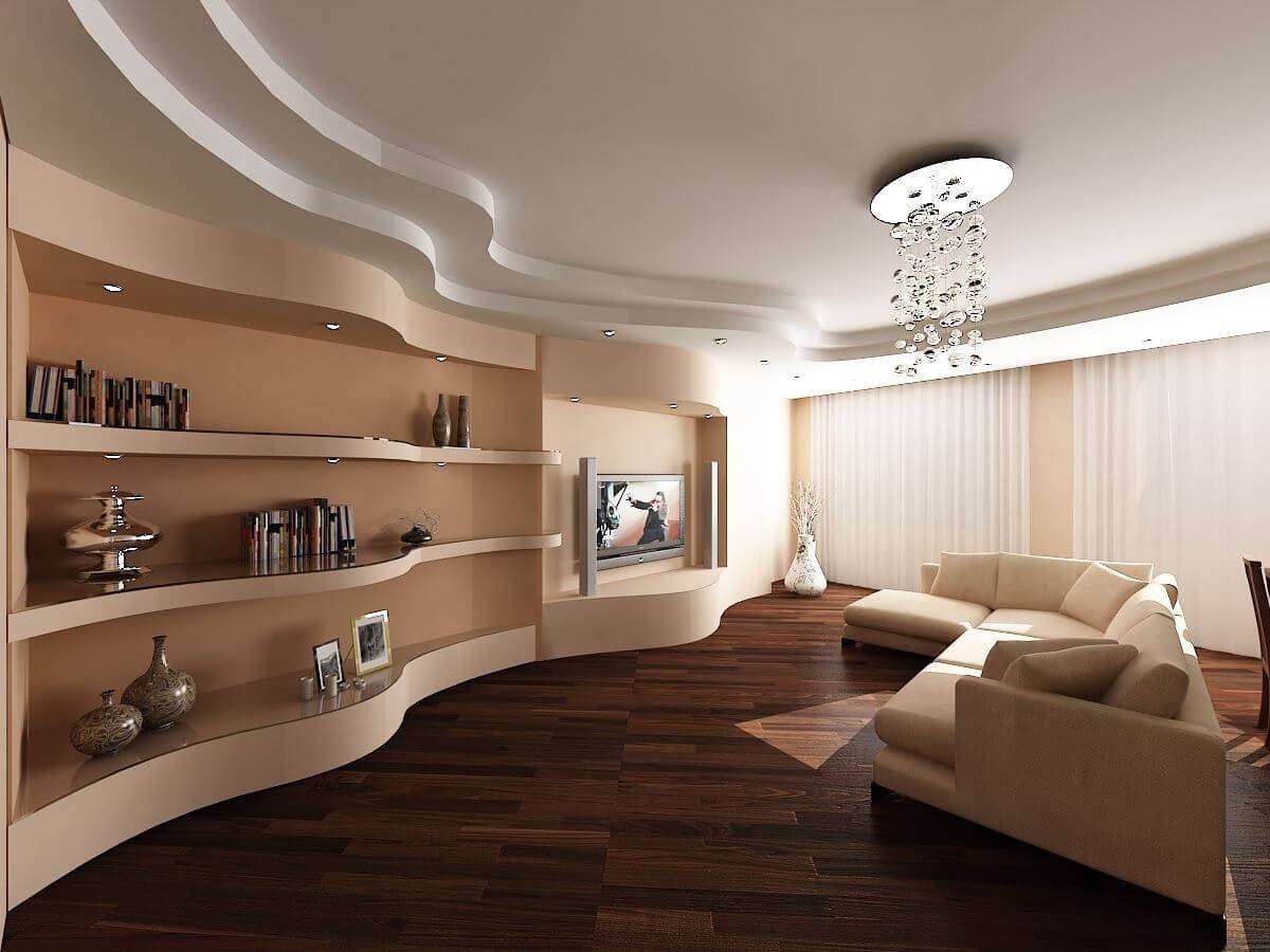 Двухуровневые потолки из гипсокартона: фото гостиной, спальни, кухни