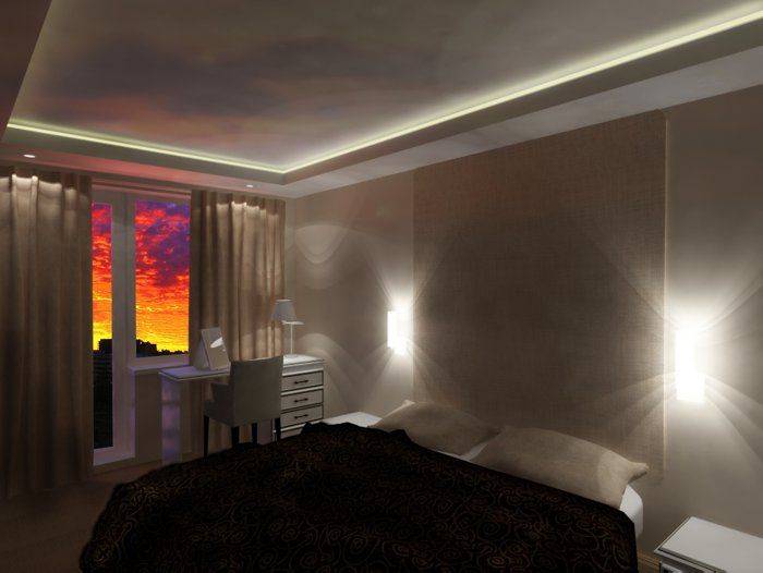 Натяжной потолок в спальне (82 фото): дизайн красивых вариантов с рисунком и освещением - галерея, виды одноуровневых конструкций