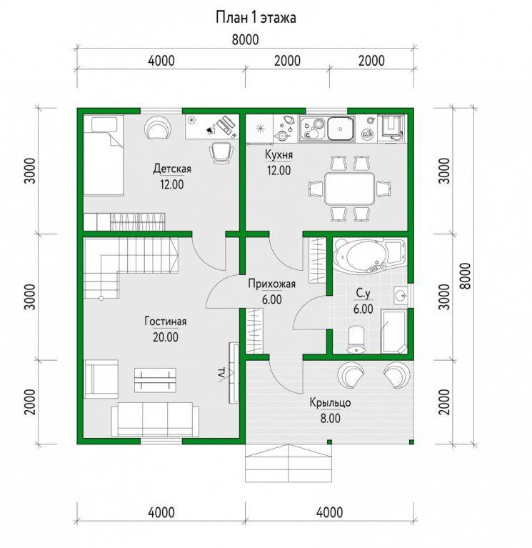 Проект одноэтажного дома 8х8: планировка дома из пеноблоков, из газобетона, с вальмовой крышей и с террасой, с котельной, и другими