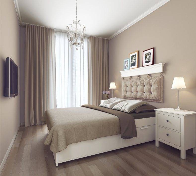 Дизайн спальни 12 кв м в современном стиле: планировка маленькой комнаты с кроватью, телевизором и платяным шкафом - 29 фото
